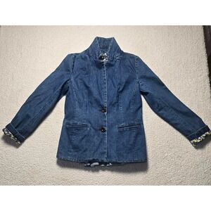 Luciano Dante Womens Denim Peplum Blazer Floral Lined Blue Jacket Medium